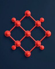 A geometric arrangement of red spheres connected by lines on a dark blue background, creating a modern abstract design.