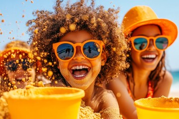 A family building a sandcastle at the beach, smiling and laughing together as waves crash nearby