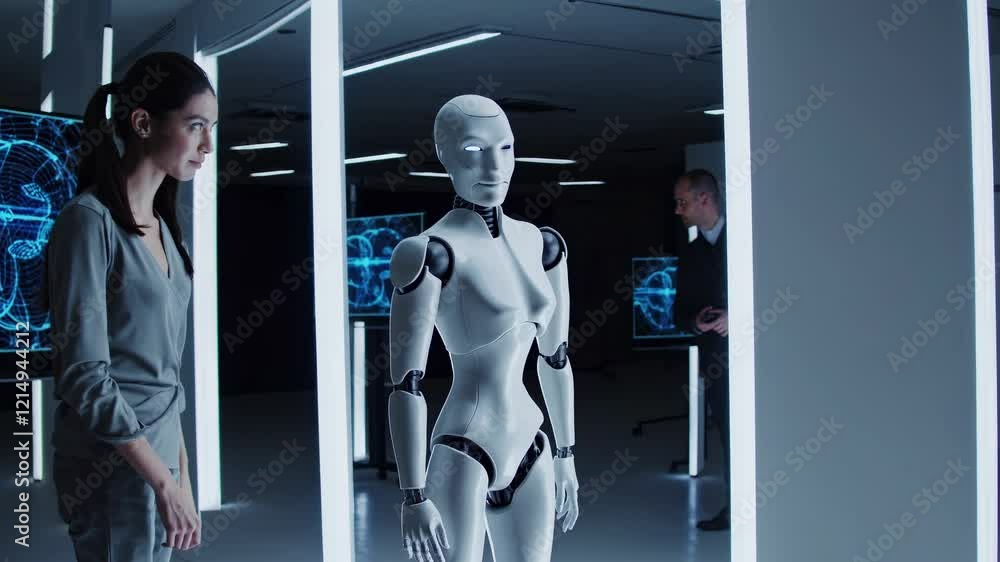 Leinwandbilder interaction between humanoid robot and researcher in modern lab setting