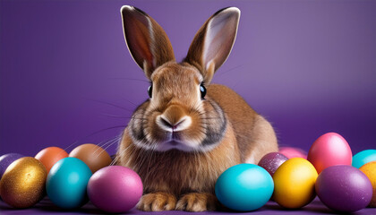 brown rabbit surrounded by colorful easter eggs on purple backdrop