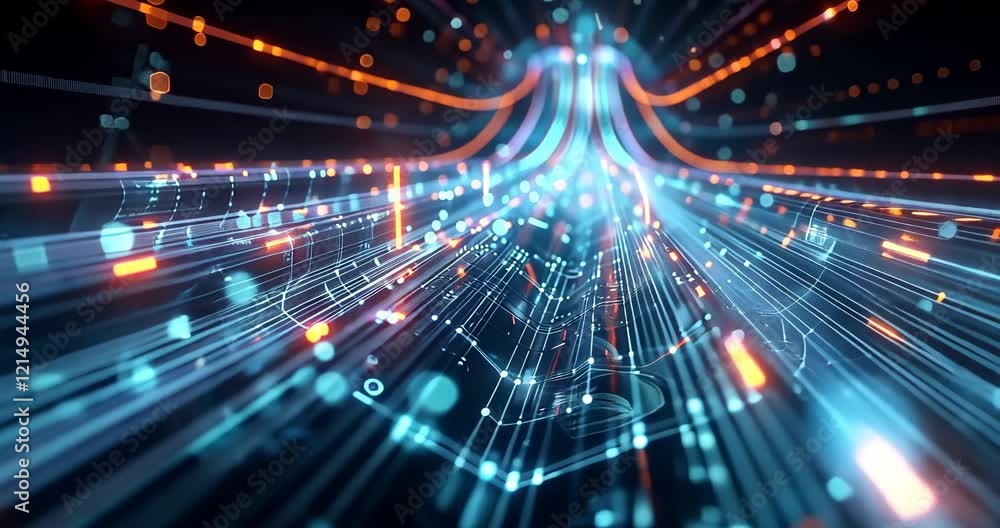 Poster futuristic digital network lines and nodes visualization in blue and red