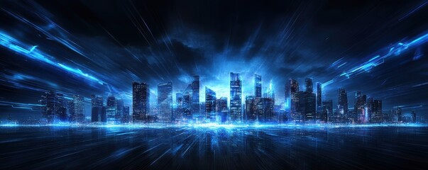 This striking image showcases a vibrant, neon-lit skyline, enveloped in electric blue hues, illustrating a futuristic vision of urban life pulsating with energy and innovation.