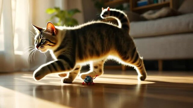 Playful Kitten Chasing Toy in Sunny Room Slow Motion