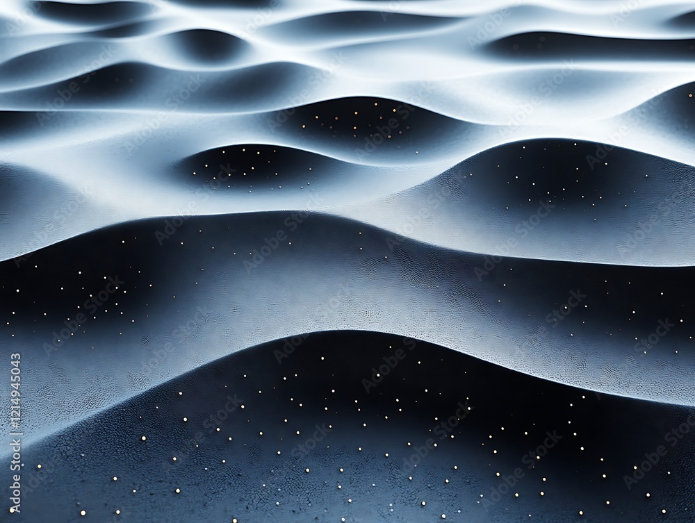 Poster abstract undulating surface with scattered gold particles.