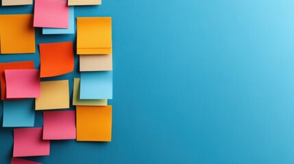 A colorful arrangement of sticky notes on a blue background, showcasing various hues and a creative workspace vibe.