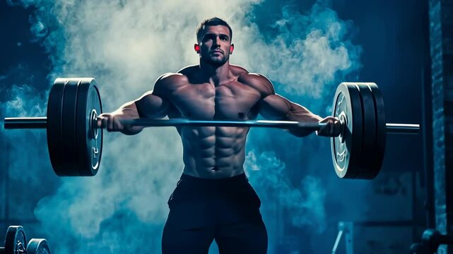 Muscular man lifting weights gym,evening lights.training hard,intense workout.Bodybuilder using barbell,focused session.Athlete demonstrates strength,powerful equipment.Motivating atmosphere fitness