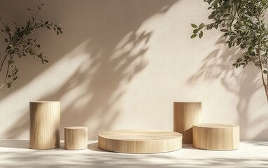 Wooden cylinder podiums arranged in an abstract minimalist style against a warm taupe pastel background, ideal for product showcase. 