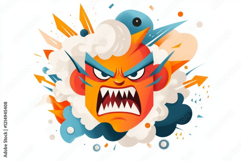 Poster a flat design of an angry thundercloud with lightning bolts shooting out, its face contorted in a ca
