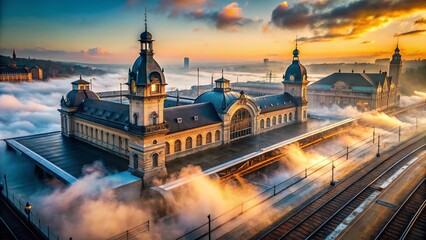 Fototapeta premium Foggy Morning Grand Train Station - Drone Aerial View