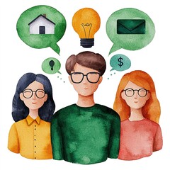 Three people with glasses share thoughts represented by bubbles, including ideas about a house, money, and communication, in a colorful, watercolor style.