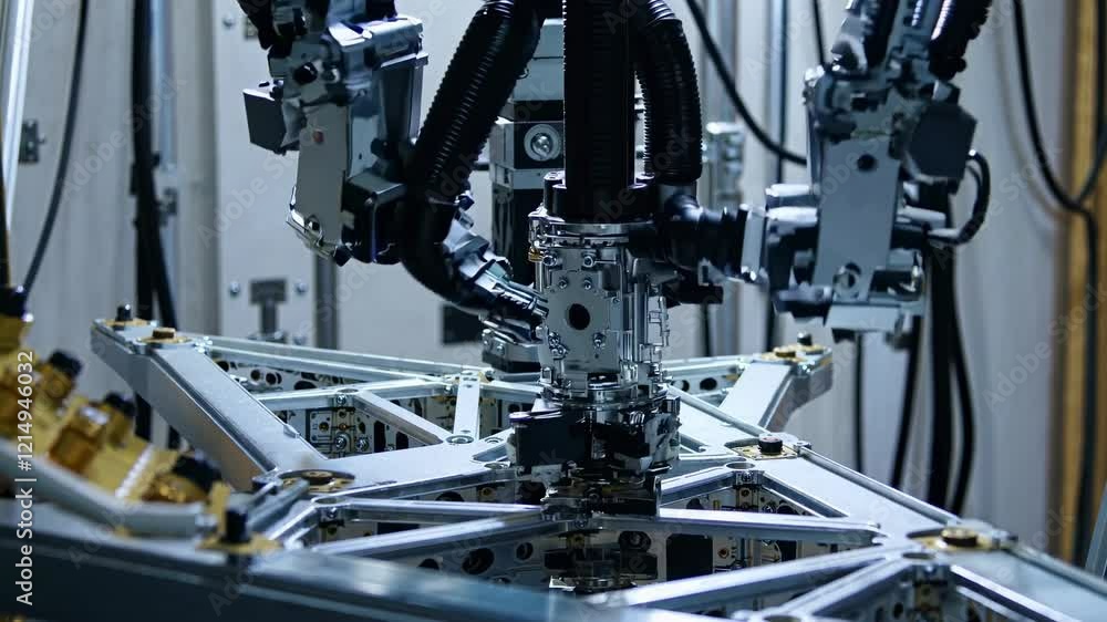 Poster robotic assembly process in advanced manufacturing facility showcasing precision engineering and aut