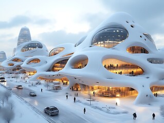 Fototapeta premium Futuristic white building in snowy city.