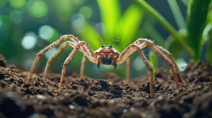 A hexapod insect scurries across a patch of soil, its six legs working in sync to carry it swiftly through the underbrush