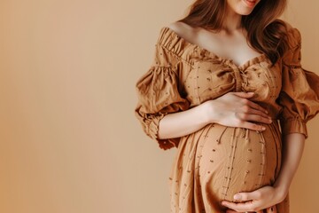 A pregnant woman gently cradles her belly while wearing a stylish off-the-shoulder brown dress against a warm background. Copy space