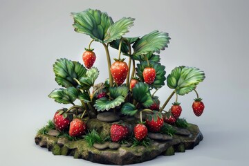 Highly detailed miniature model of a thriving strawberry plant patch with bright red berries and green foliage, sculpted on rocks and moss, isolated on a neutral studio background.