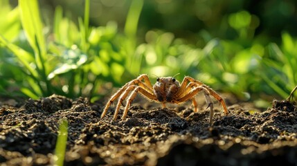 A hexapod insect scurries across a patch of soil, its six legs working in sync to carry it swiftly through the underbrush