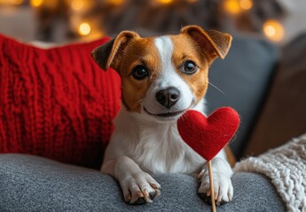 Charming Dog with Heart-Shaped Prop: Adorable Pet Sitting on Couch Surrounded by Cozy Textiles and Warm Lights During Festive Season