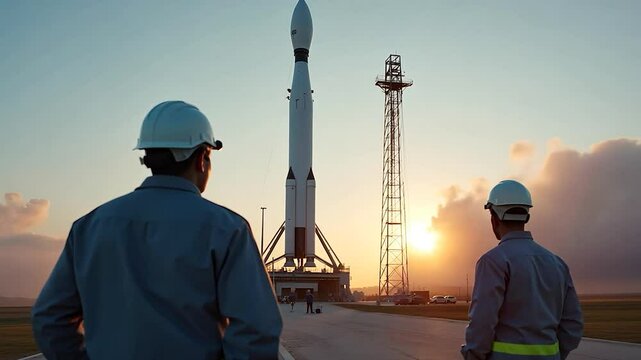 Two Engineers Watching a Rocket on a Launchpad at Sunrise