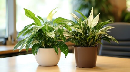 Fototapeta premium Indoor plants on a shared workspace table.