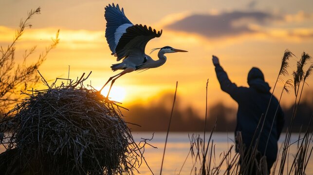 A photographer captures the moment a heron takes flight from its nest in a busy heronry at dawn