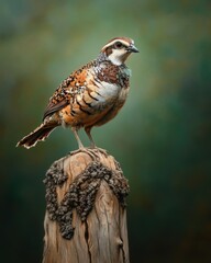 Obraz premium A beautifully detailed portrait of a quail perched gracefully on a weathered wooden post, showcasing its vibrant plumage against a softly blurred green background.