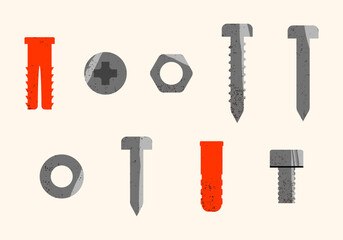 Set of construction fasteners illustrations. Building instruments.