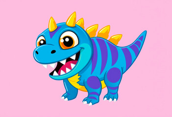 Fototapeta premium Cute blue dinosaur cartoon character on a pink background