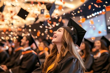 A graduation ceremony with graduates throwing their caps in the air, all beaming with pride and excitement