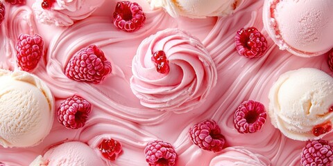 Fototapeta premium Pink and white ice cream with raspberries on top