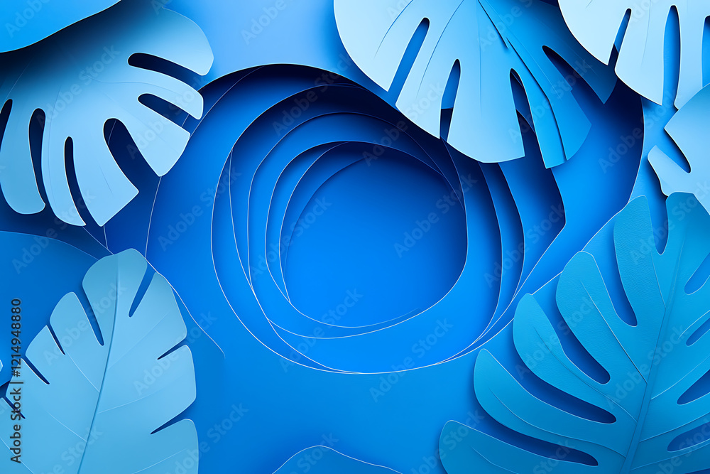 Poster abstract background with blue color and palm leaves. minimalistic, simple. flat lay style. blue back