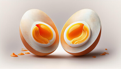 a pair of hard boiled eggs one sliced in half to reveal the yolk smooth and clean textures 3d illustration isolated on white and white background