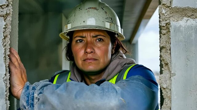 Adult Hispanic female worker looking window unfinished structure Woman scrutinizing outdoor space incomplete building Gracious presence tough workspace Calm demeanor construction chaos Reflective