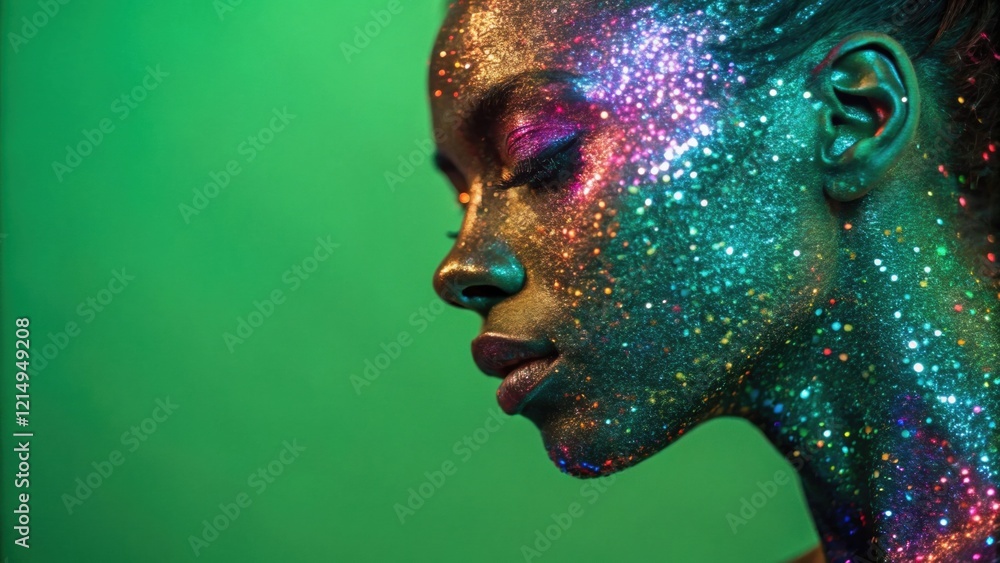 Poster a closeup of a face adorned with dazzling glitter capturing the light in an array of colors. the ele