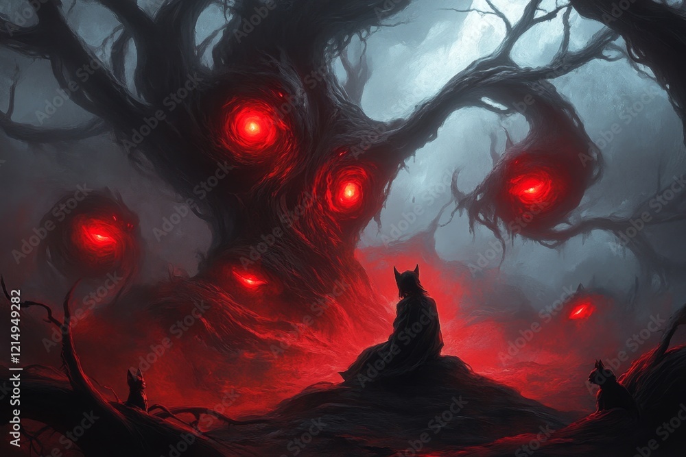 Poster a haunting depiction of a figure sitting in a dark forest, nervously glancing at glowing red eyes em