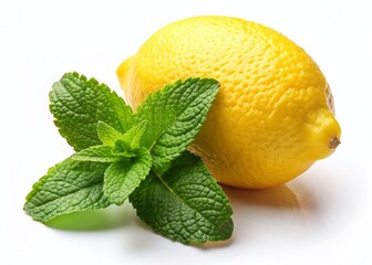 Fresh Lemon & Mint Sprig Aerial View - Isolated on White Background