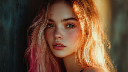 Naklejka premium Young woman with long hair and natural makeup poses softly in warm afternoon light