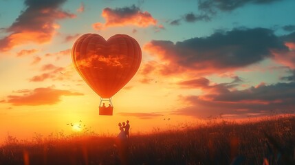 Obraz premium A 3D cartoon hot air balloon shaped like a heart, with a couple enjoying a scenic sunset.