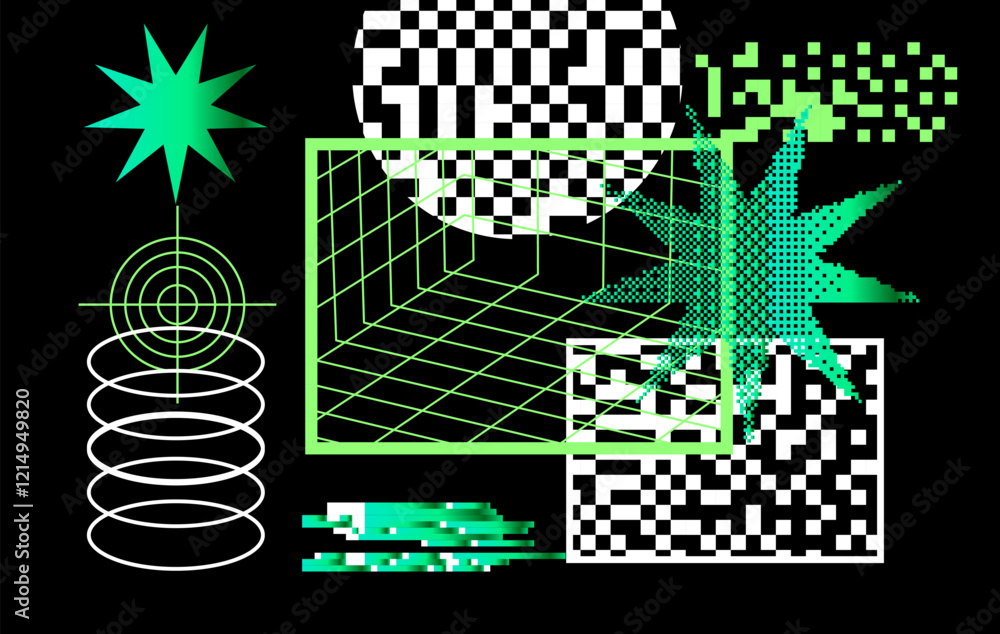 Aufkleber Geometric distress aesthetics in abstract pattern design. Brutalism inspired vector graphics collage made with simple geometric shapes and grunge texture, useful for poster art and digital prints.