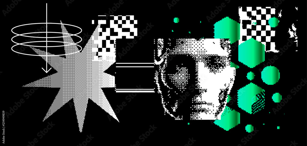 Aufkleber brutalism inspired vector graphics collage made with simple geometric shapes, grunge texture, and di
