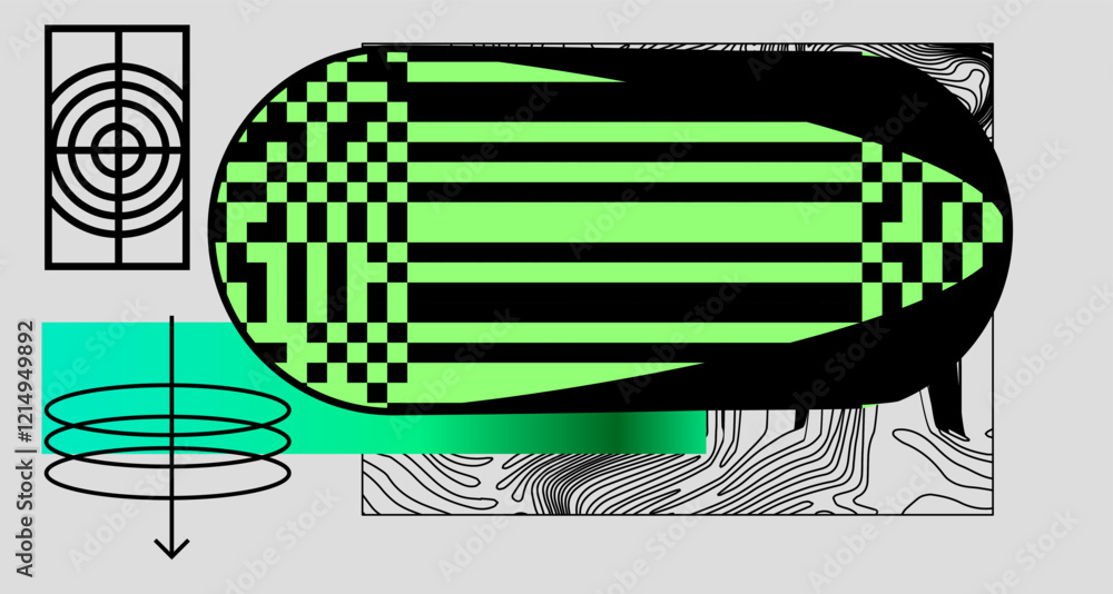 Aufkleber Geometric distress aesthetics in abstract pattern design. Brutalism inspired vector graphics collage made with simple geometric shapes and grunge texture, useful for poster art and digital prints.