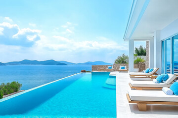 Fototapeta premium Terrace in villa with swimming pool clear blue water with stunning sea view and sky