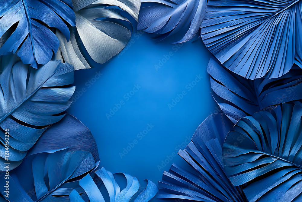 Poster abstract background with blue color and palm leaves. minimalistic, simple. flat lay style. blue back
