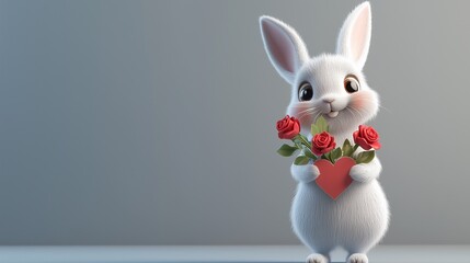 Obraz premium A cute 3D cartoon bunny holding a bouquet of roses and a heart-shaped card. 