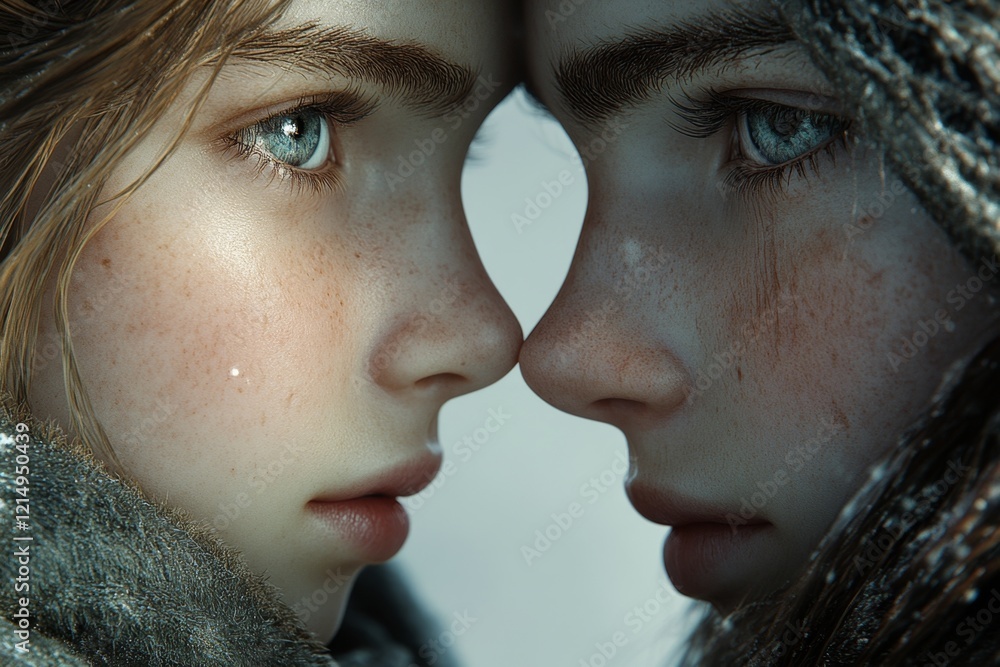 Poster a hyper-realistic close-up of a couple sharing a tender moment, their faces touching, with intricate