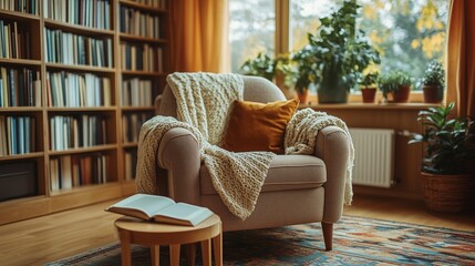 A cozy library corner with a soft chair and an open book 