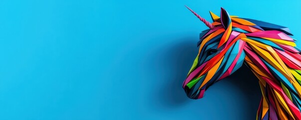 A vibrant, colorful unicorn head made of layered materials against a bright blue background, showcasing creativity and whimsy.