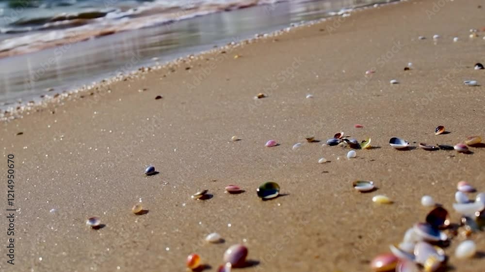 Poster a sandy beach with small shells and rocks scattered on the sand, with waves crashing in the backgrou
