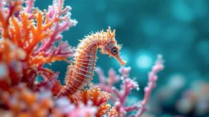 a colorful underwater scene with a seahorse among coral formations, set against a blue-green background. - Powered by Adobe