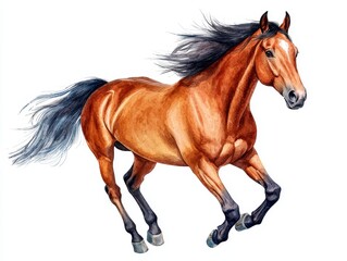 Obraz premium A vibrant watercolor illustration of a galloping brown horse with a flowing mane and tail, emphasizing its strength and grace.