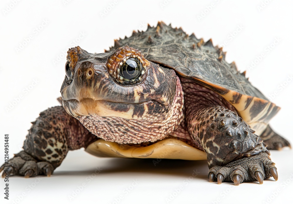 Poster close-up of a beautifully detailed turtle displaying unique shell patterns against a light backgroun